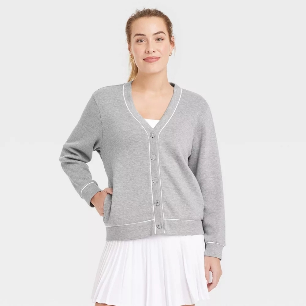 NWT All in Motion Women's Gray V-Neck Button Cardigan with White Trim